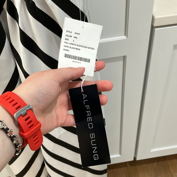 NWT Alfred Sung Formal Striped Skirt Satin Twill Pockets Sleeveless Maxi Dress - Picture 11 of 12